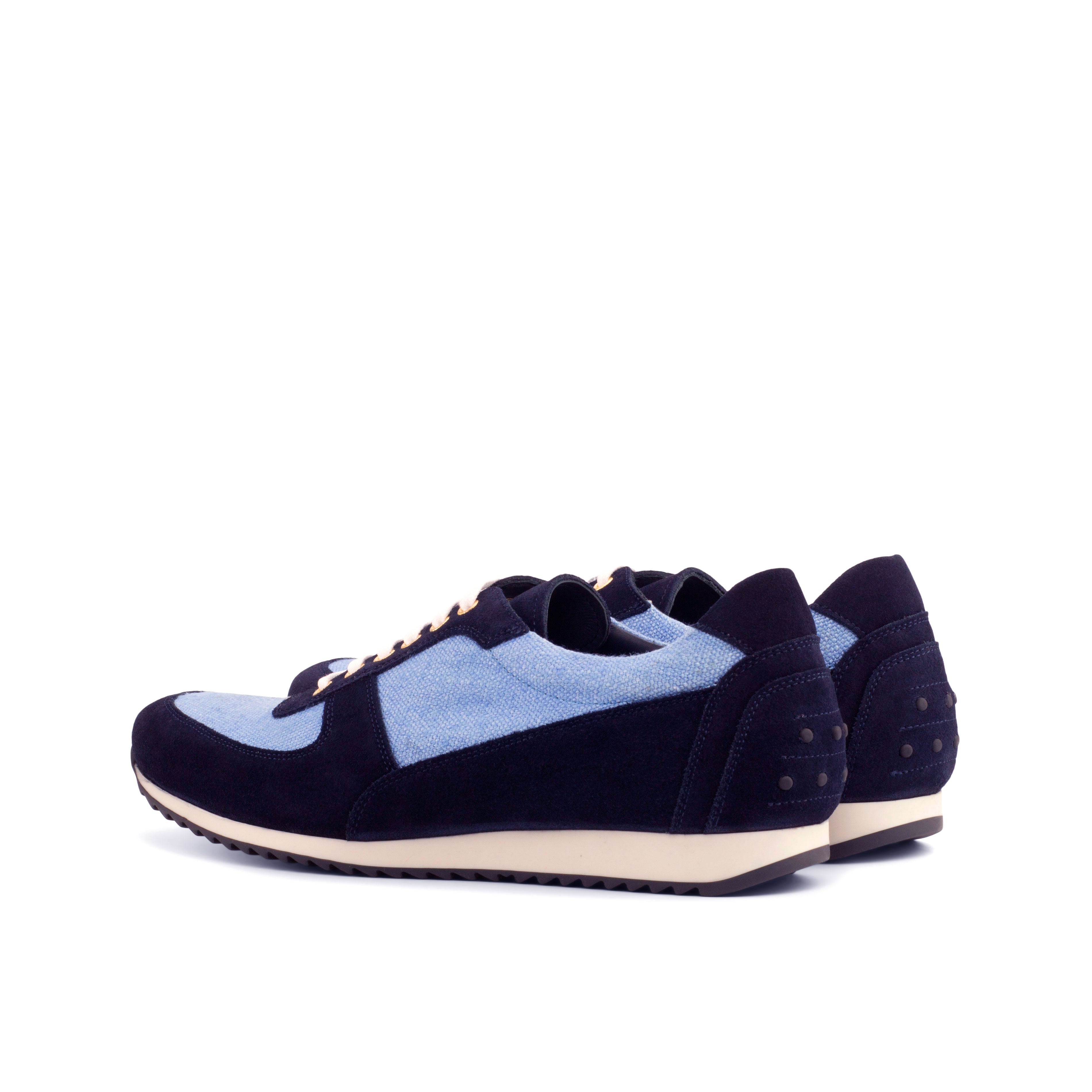 Baby Blue Linen and Navy Lux Suede Corsini