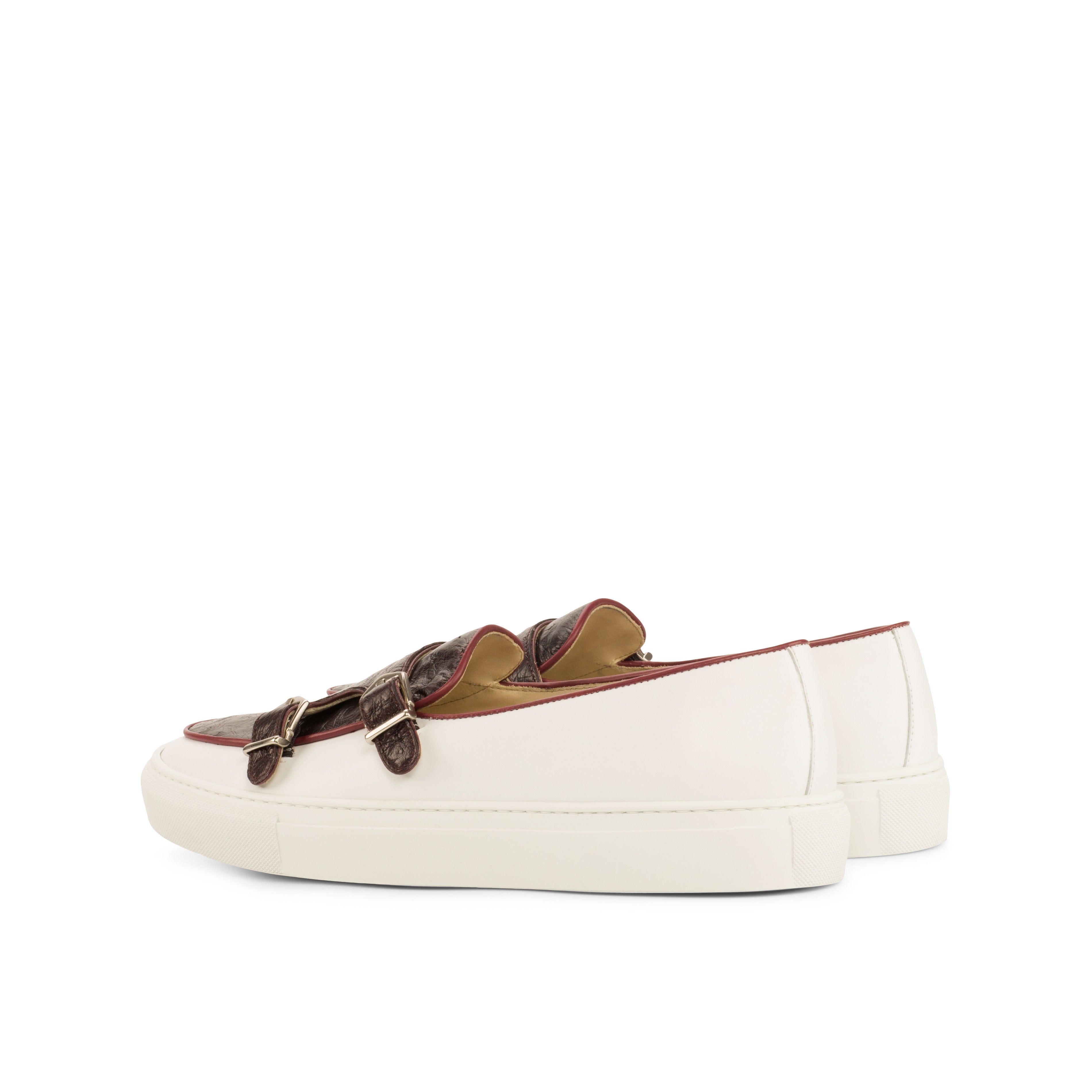 White Box Calf and Burgundy Exotic Ostrich Monk Sneaker